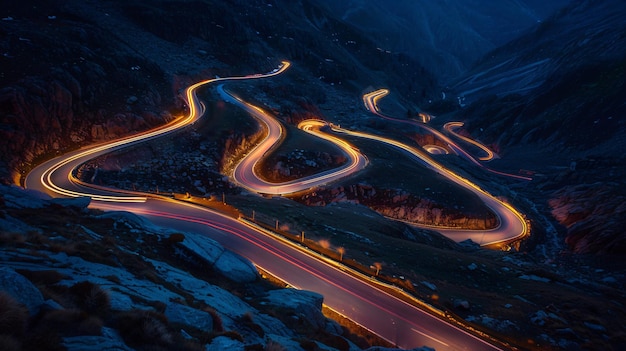 Drone view of a illuminated road through the mountains at night