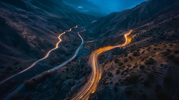 Drone view of a illuminated road through the mountains at night