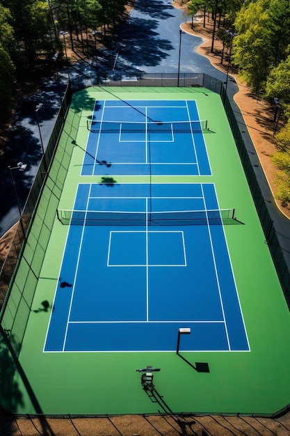 Drone view of just painted blue and green pickleball tennis courts from above