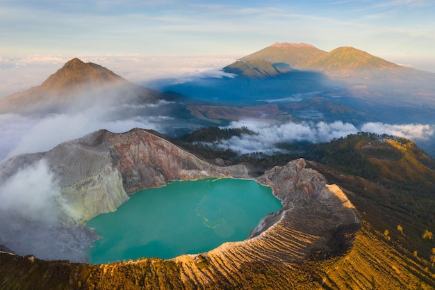 Photo drone view of kawah ijen crater in banyuwangi regency of east java indonesia