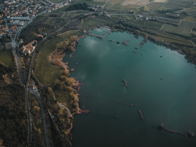 Drone view of a lake and mountains landscape