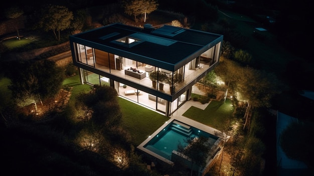 Drone view of modern and elegant house exterior in green forest panorama in the night