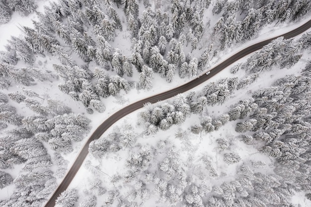 Drone view at mountain road at winter