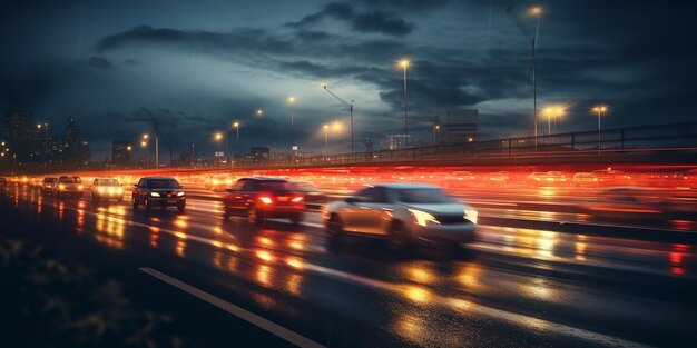 写真 夜の高速道路の交通をドローンで眺める generative ai