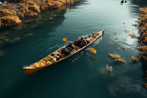 Drone view of people going kayaking