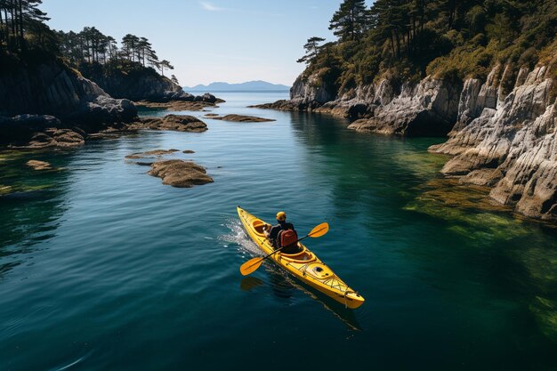 Drone view of people going kayaking