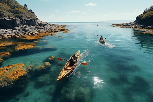 Drone view of people going kayaking