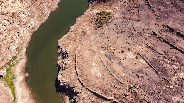 Drone view of a reservoir on the Spanish island of Gran Canaria