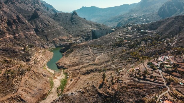 Drone view of a reservoir on the Spanish island of Gran Canaria