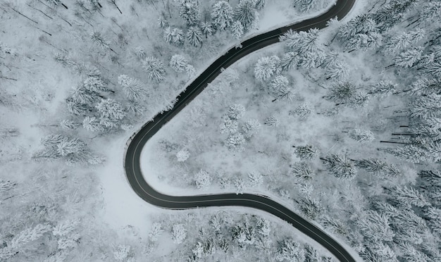 Drone view of road in snow