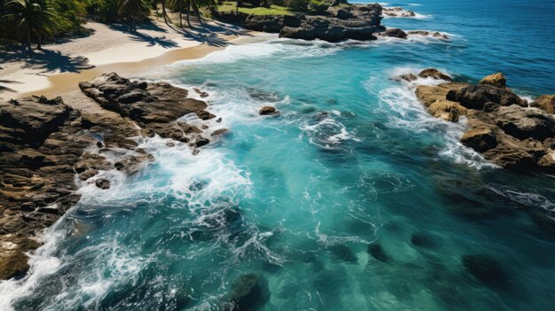 drone view a serene beach with palm trees and crystal clear water