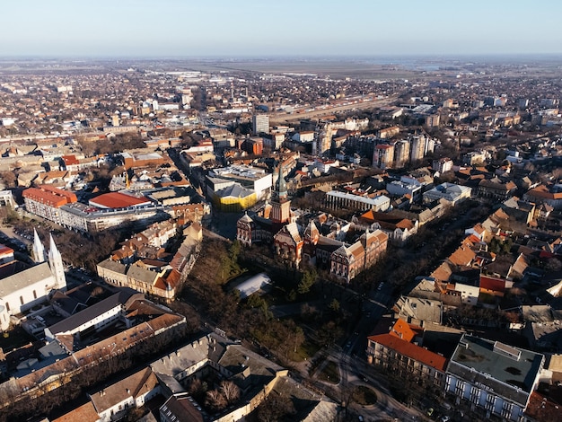 Drone view of Subotica downtown and city hall Europe Serbia