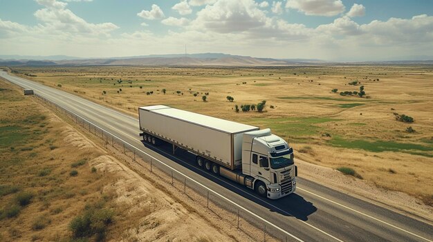 Drone view a truck driving down a highway at sunny day