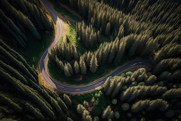 Drone view of winding road surrounded by lush green trees in forest generative AI