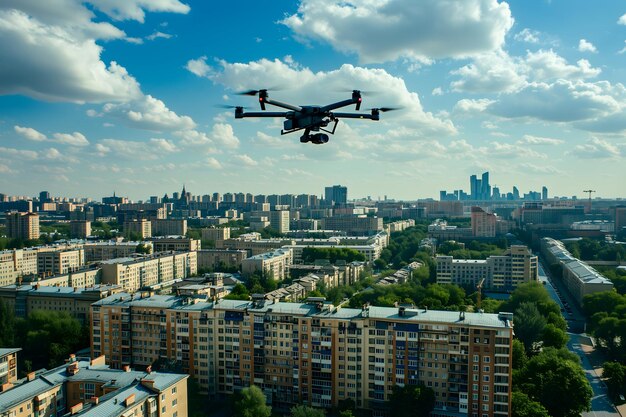 Drone vliegt boven de stad op een zomerdag.