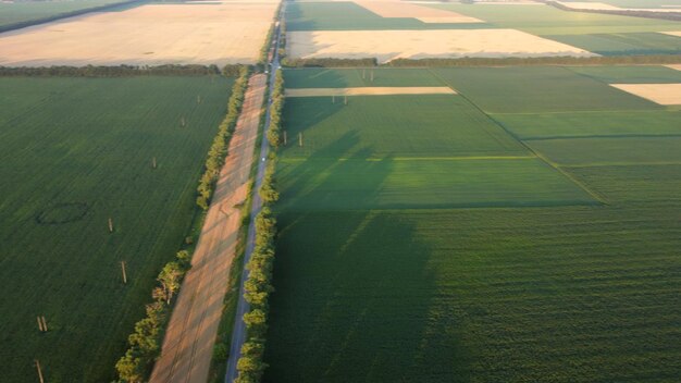 Drone vliegt over de weg tussen verschillende landbouwvelden tijdens zonsopgang zonsondergang