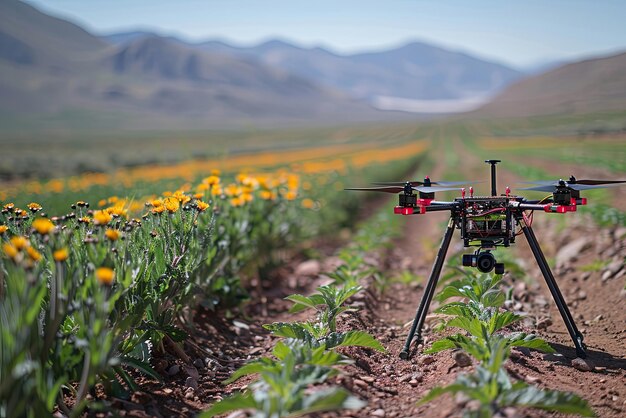 Drone vliegt over een veld van groene planten Precisie en efficiëntie van moderne landbouwpraktijken