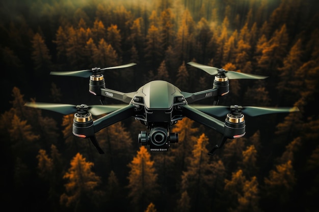 Drone vliegt over herfstbos met bovenaanzicht vanuit de lucht Generatieve Ai
