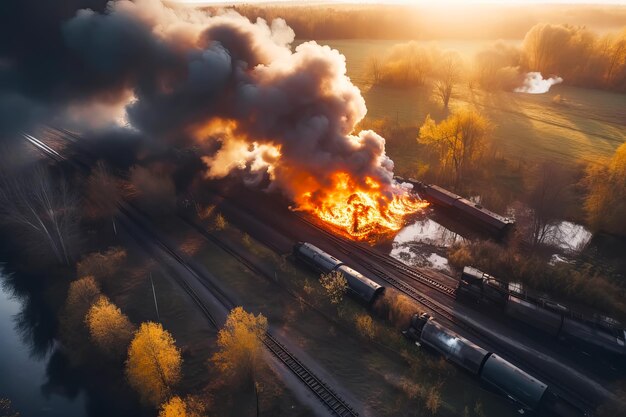 Drone-weergave Trein ontspoord exploderend met vuur en rook Generatieve AI-illustratie