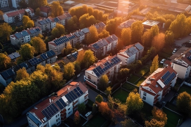 Drone-weergave van huizen met zonnepanelen AI gegenereerd