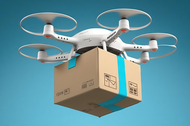 A drone with a box on it is flying in the sky