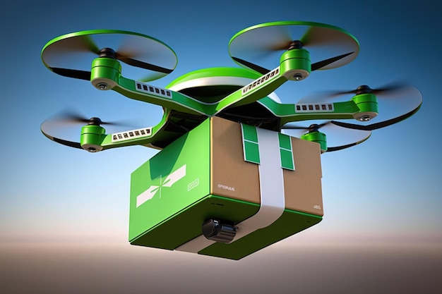 A drone with a box on it that says delivery