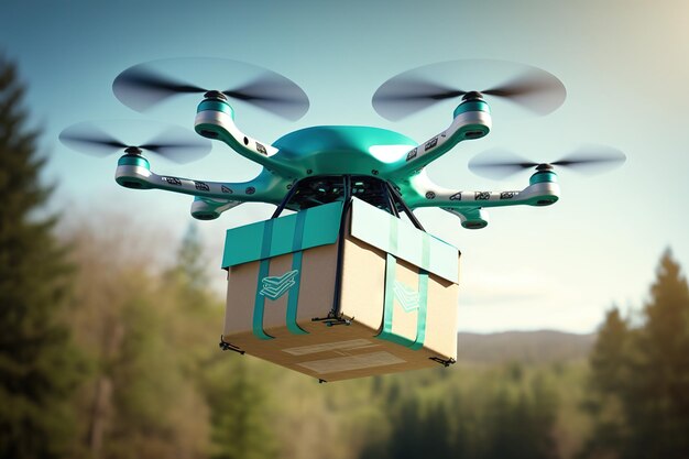 A drone with a box that says delivery on it