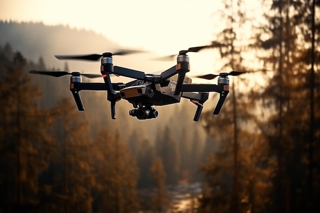 Drone with camera flying with a forest in the background