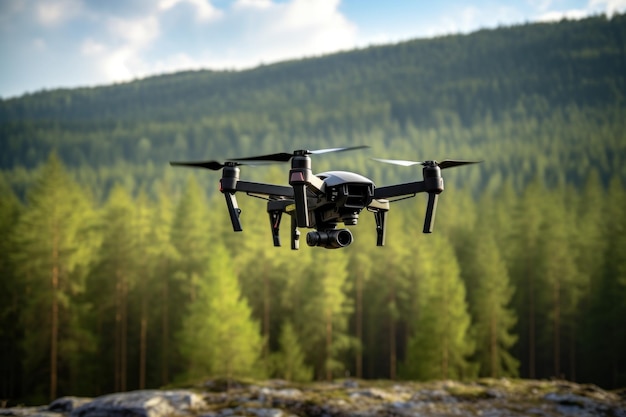 Drone with camera flying with a forest in the background