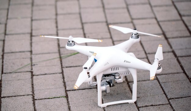 Drone with camera  preparing to fly