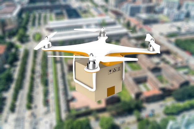 Drone with a delivery box package flying over a city