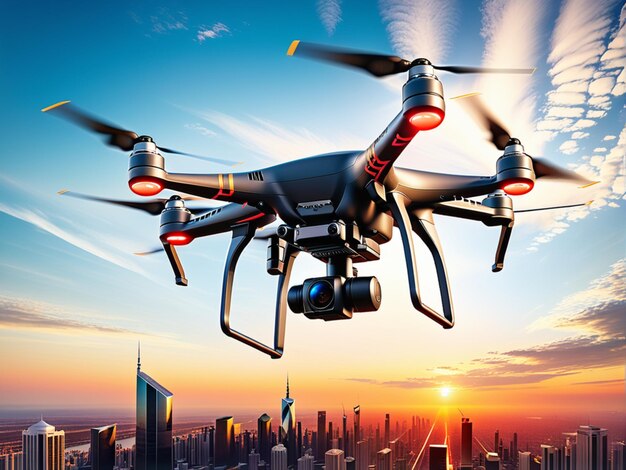 Photo drone with digital camera flying over a modern city at sunset