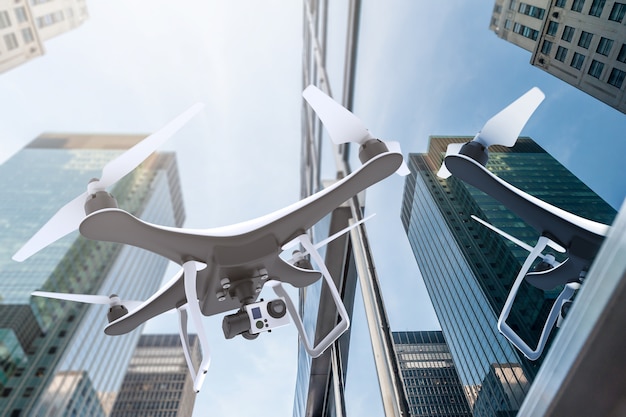 Drone with digital camera flying near modern skyscrapers