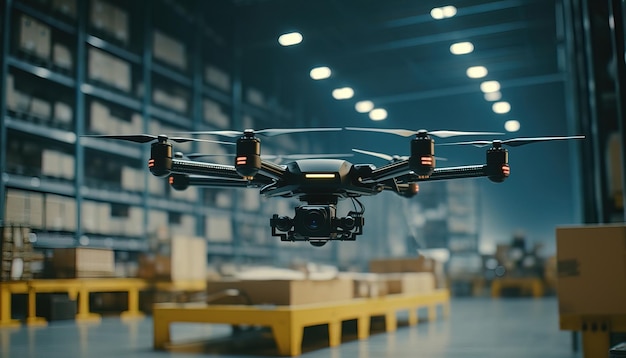 Drone with digital camera flying in warehouse