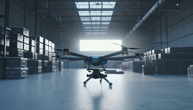 Drone with digital camera flying in warehouse