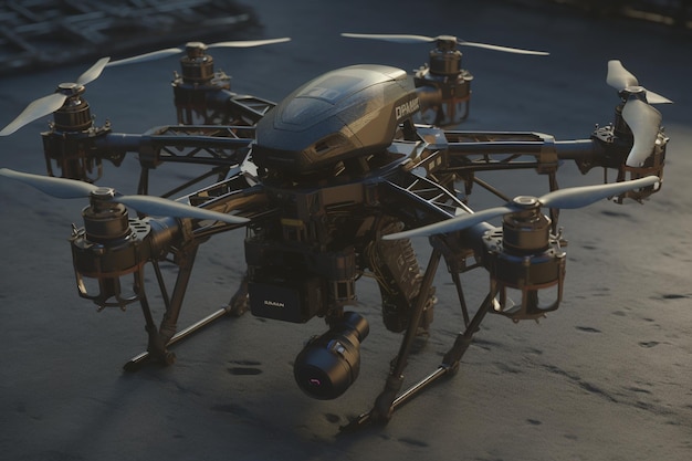 A drone with a drone on the ground