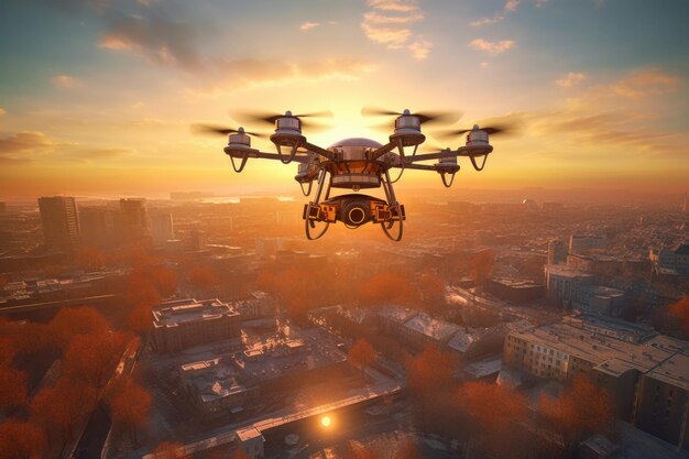 Drone with hightech camera flying over cityscape created with generative ai