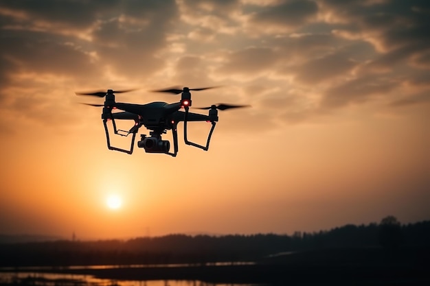 A drone with the sun setting behind it