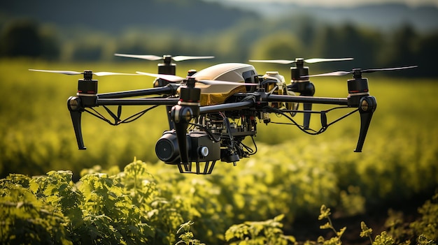 Foto un drone con un corpo giallo e nero vola in un campo.