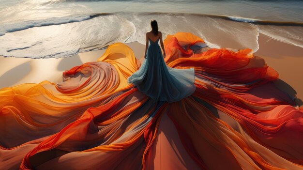 Dronecaptured enchantress in couture gown weaves Christoinspired beach magic with fabric train Created with Generative AI