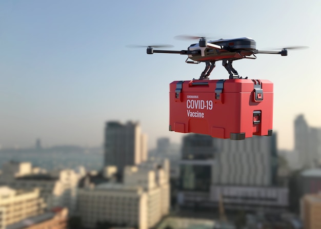 Drones deliver the covid-19 vaccine into the city. 3d
illustration