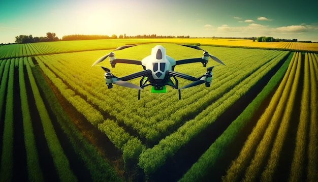 Drones flying over farm fields in the future to automate farming in agriculture Generative Ai