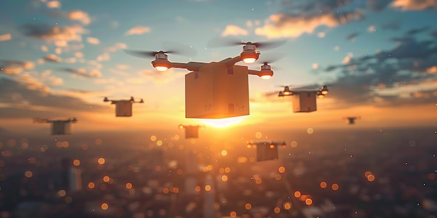 Drones flying over the sky in a cardboard box package business Generative Ai