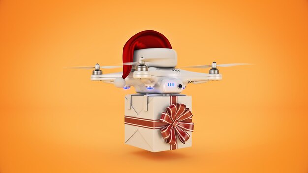 Drones met kerstmuts die kerstcadeaus leveren 3d-rendering