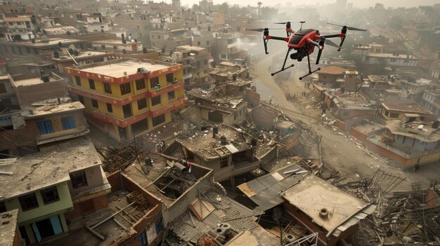 Drones opereren over de ruïnes van gebouwen.