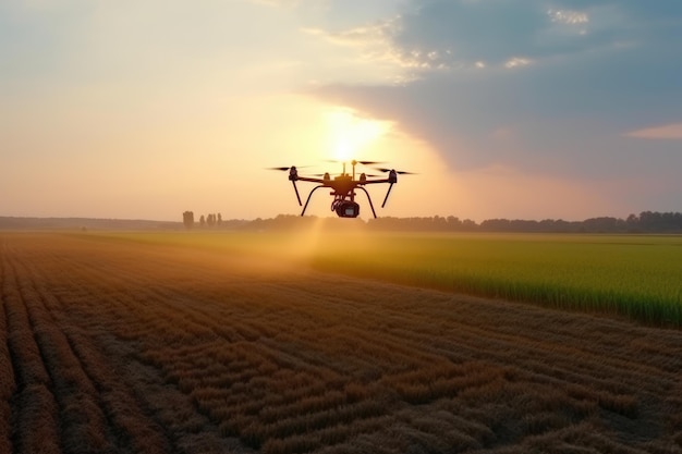 Drones spray fertilizer on the field at sunset Generative AI