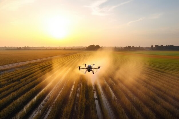 Drones spray fertilizer on the field at sunset Generative AI