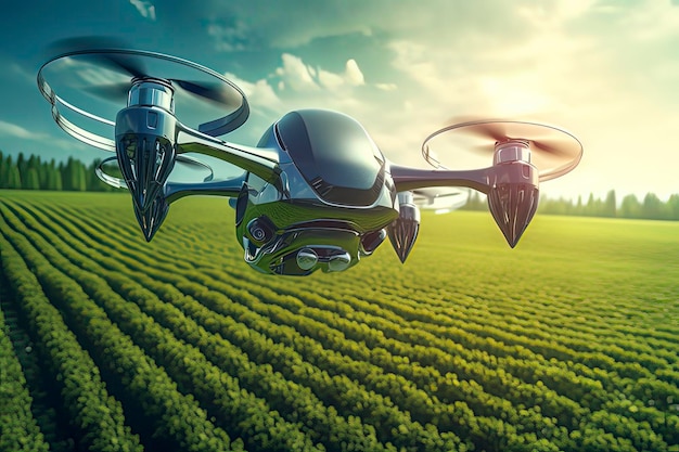 Drones spraying pesticides on farms AI technology generated image