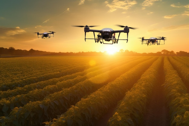 Drones spuiten kunstmest op het veld bij zonsondergang Generatieve AI