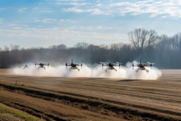 Drones spuiten kunstmest op het veld bij zonsondergang Generatieve AI